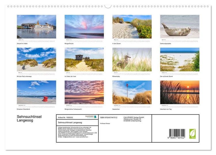 Produktbild: Sehnsuchtinsel Langeoog (hochwertiger Premium Wandkalender 2026 DIN A2 quer), Kunstdruck in Hochglanz