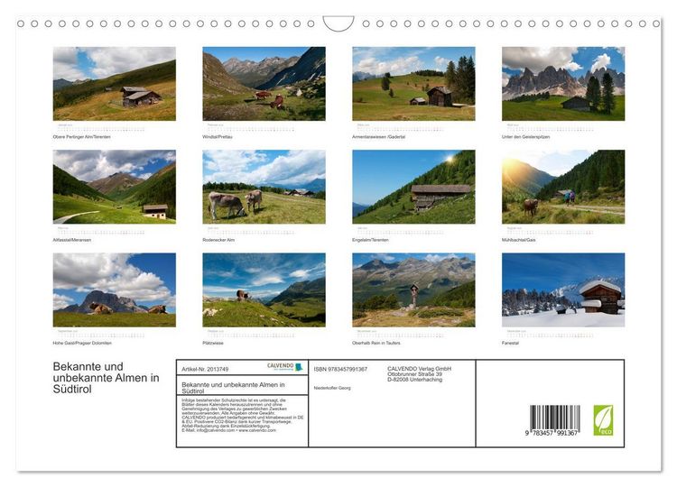 Produktbild: Bekannte und unbekannte Almen in S&uuml;dtirol (Wandkalender 2026 DIN A3 quer), CALVENDO Monatskalender