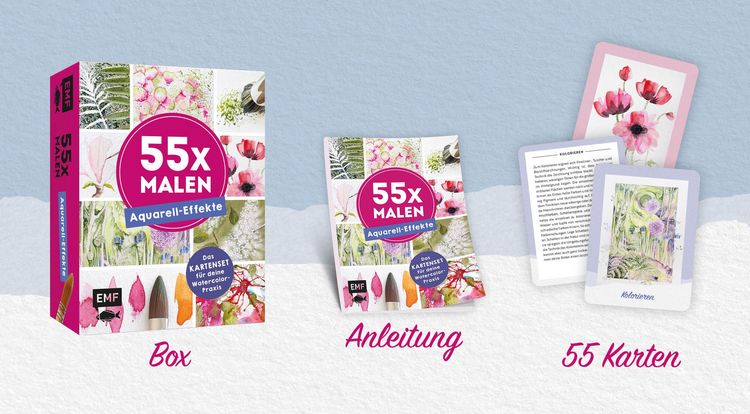 Produktbild: 55 x malen &ndash; Aquarell-Effekte: Das Kartenset f&uuml;r deine Watercolor-Praxis