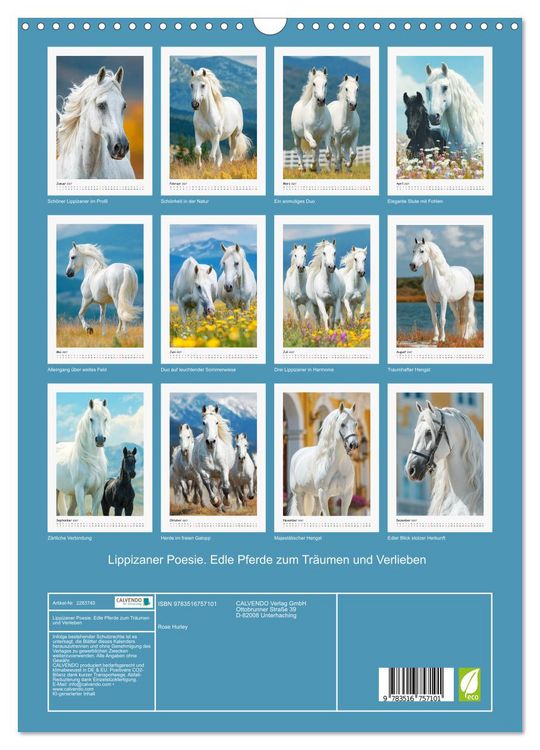 Produktbild: Lippizaner Poesie. Edle Pferde zum Tr&auml;umen und Verlieben (Wandkalender 2027 DIN A3 hoch), CALVENDO Monatskalender