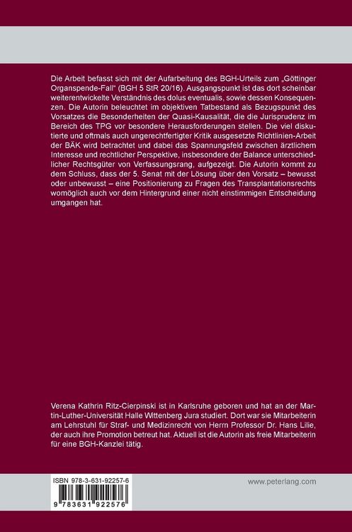 Produktbild: Das kognitive Vorsatzelement mit dem Bezugspunkt der Quasi-Kausalit&auml;t in der Transplantationsmedizin &ndash; Die Rechtsprechung des BGH &ndash;