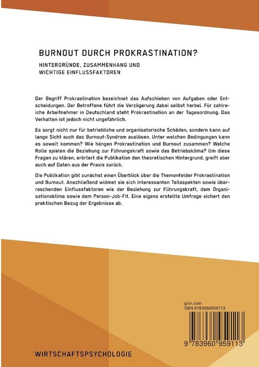 Produktbild: Burnout durch Prokrastination? Hintergr&uuml;nde, Zusammenhang und wichtige Einflussfaktoren