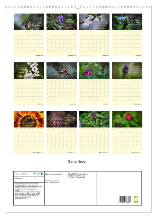 Produktbild: Gartenliebe (Wandkalender 2026 DIN A2 hoch), CALVENDO Monatskalender