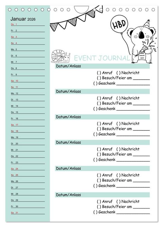 Produktbild: Geburtstagsplaner Doodle Tiere - F&uuml;r Termine, Geschenke, Eventdetails & mehr (Wandkalender 2026 DIN A4 hoch), CALVENDO Monatskalender