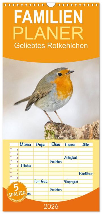 Produktbild: Familienplaner 2026 - Geliebtes Rotkehlchen mit 5 Spalten (Wandkalender, 21 x 45 cm) CALVENDO