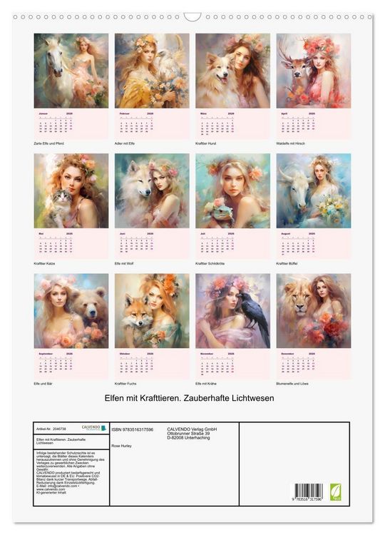 Produktbild: Elfen mit Krafttieren. Zauberhafte Lichtwesen (Wandkalender 2026 DIN A2 hoch), CALVENDO Monatskalender