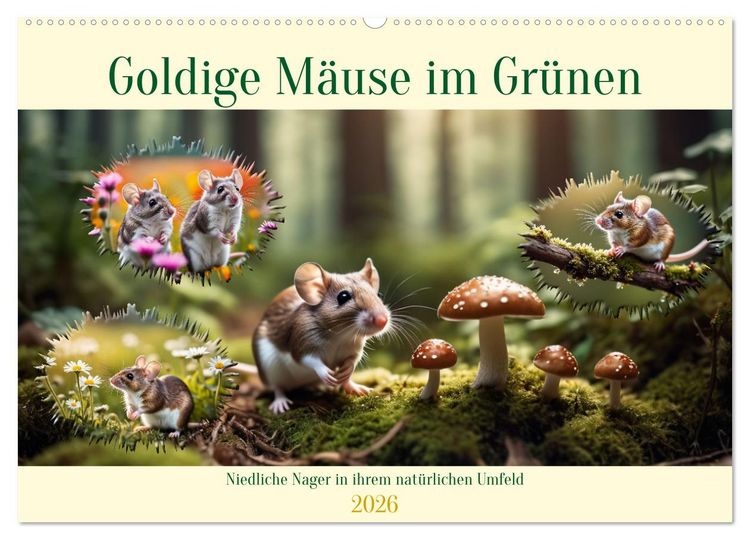 Produktbild: Goldige M&auml;use im Gr&uuml;nen (Wandkalender 2026 DIN A2 quer), CALVENDO Monatskalender