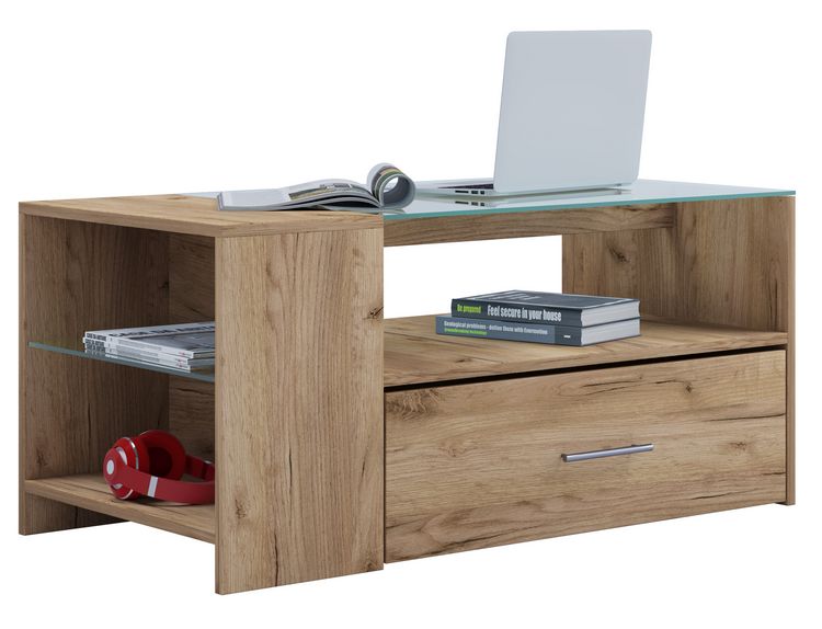 Produktbild: Holz Sofatisch Couchtisch Schublade Glas Tindala