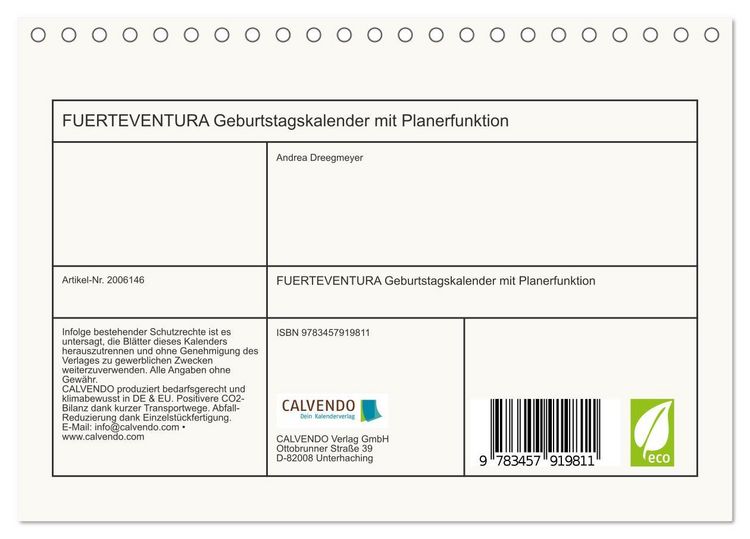 Produktbild: FUERTEVENTURA Geburtstagskalender mit Planerfunktion (Tischkalender 2026 DIN A5 quer), CALVENDO Monatskalender