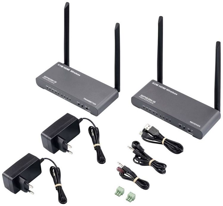 Produktbild: SpeaKa Professional SP-HDE-620 HDMI-Funk&uuml;bertragung (Set) 100 m 5 GHz 3840 x 2160 Pixel KVM-Funktion (Tastatur, Bildschirm, Maus), mit Loop-Funktion