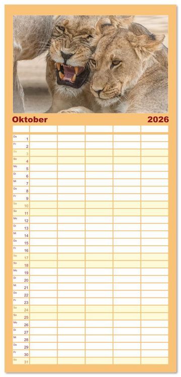 Produktbild: Familienplaner 2026 - Action in der Savanne mit 5 Spalten (Wandkalender, 21 x 45 cm) CALVENDO