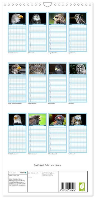 Produktbild: Familienplaner 2026 - Greifv&ouml;gel, Eulen und K&auml;uze mit 5 Spalten (Wandkalender, 21 x 45 cm) CALVENDO