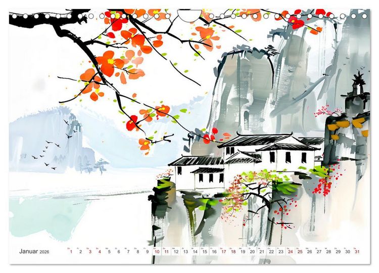 Produktbild: Fernost Impressionen - Tempel und Landschaften in KI-Tuschekunst (Wandkalender 2026 DIN A4 quer), CALVENDO Monatskalender
