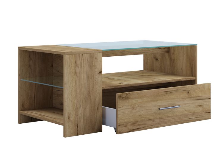 Produktbild: Holz Sofatisch Couchtisch Schublade Glas Tindala