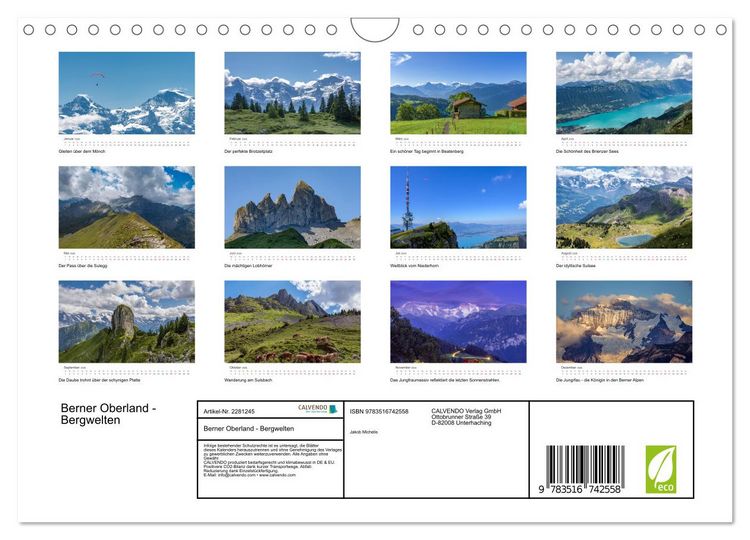 Produktbild: Berner Oberland - Bergwelten (Wandkalender 2026 DIN A4 quer), CALVENDO Monatskalender