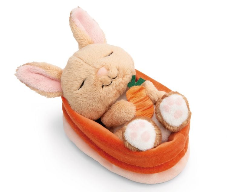 Produktbild: NICI Kuscheltier Hase mit Karotte schlafend im K&ouml;rbchen peach 12cm
