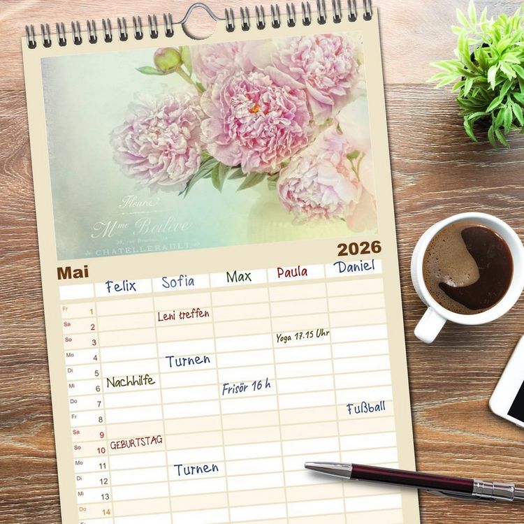 Produktbild: Familienplaner 2026 - Vintage Flowers mit 5 Spalten (Wandkalender, 21 x 45 cm) CALVENDO