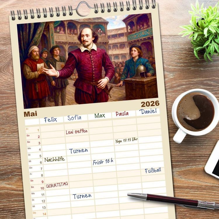Produktbild: Familienplaner 2026 - William Shakespeare mit 5 Spalten (Wandkalender, 21 x 45 cm) CALVENDO