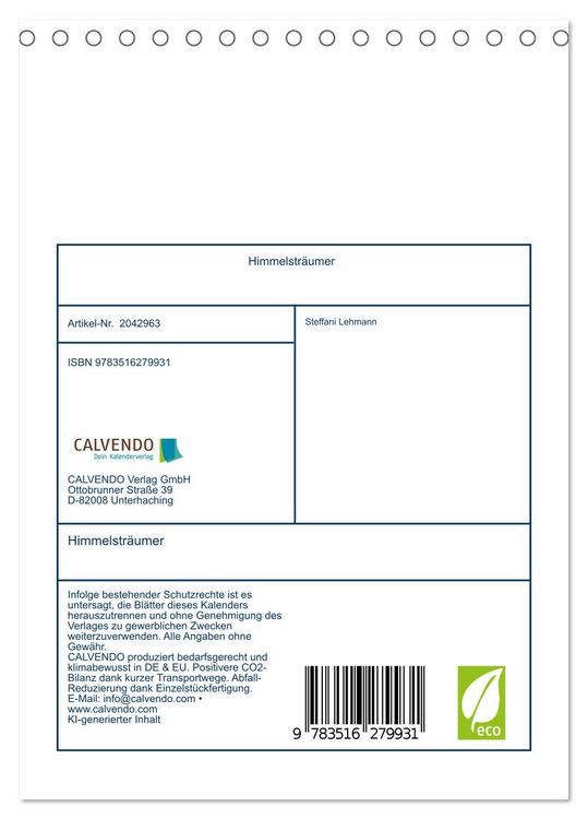 Produktbild: Himmelstr&auml;umer (Tischkalender 2026 DIN A5 hoch), CALVENDO Monatskalender
