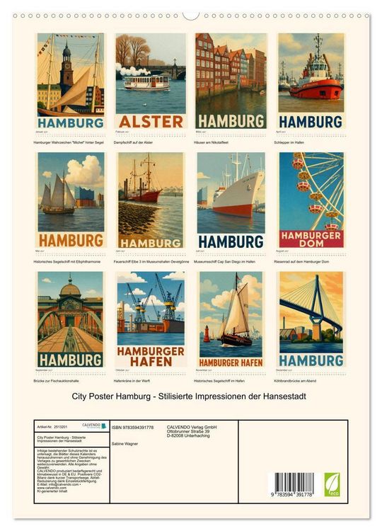 Produktbild: City Poster Hamburg - Stilisierte Impressionen der Hansestadt (hochwertiger Premium Wandkalender 2027 DIN A2 hoch), Kunstdruck in Hochglanz