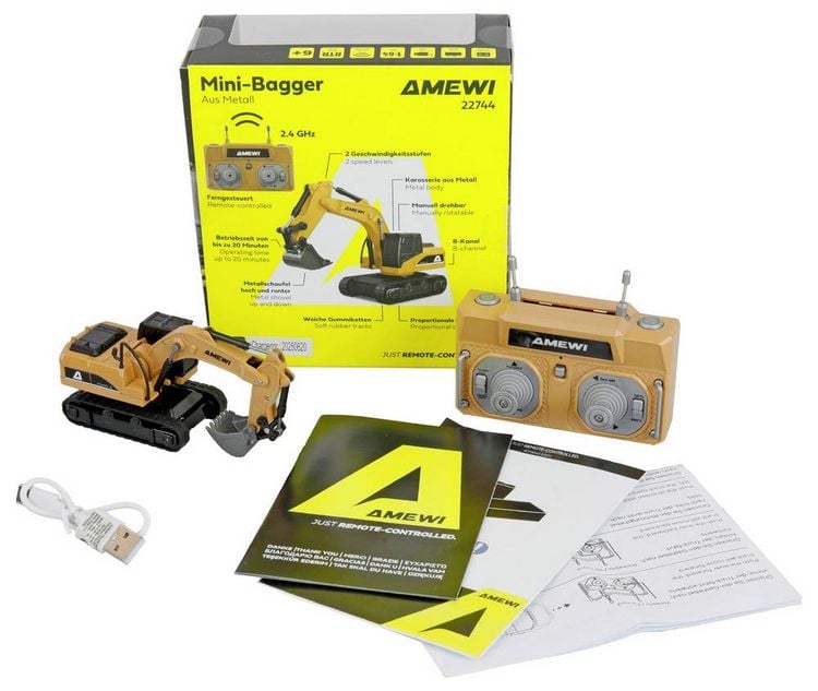 Produktbild: AMEWI Mini-Bagger aus Metall RC-Modell proportional 8-Kanal 1:64 RTR
