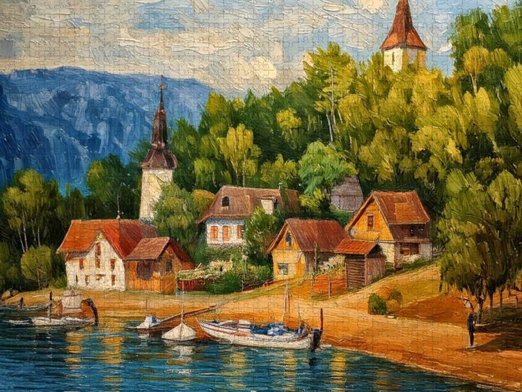 Produktbild: CALVENDO Puzzle Dorf an einem kleinen Badesee | 1000 Teile Lege-Gr&ouml;&szlig;e 64x48cm Foto-Puzzle f&uuml;r gl&uuml;ckliche Stunden