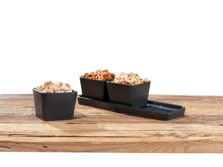 Produktbild: Snack & Dip Schalen Set Schwarz matt, Tablett mit 3 x 300 ml Schalen
