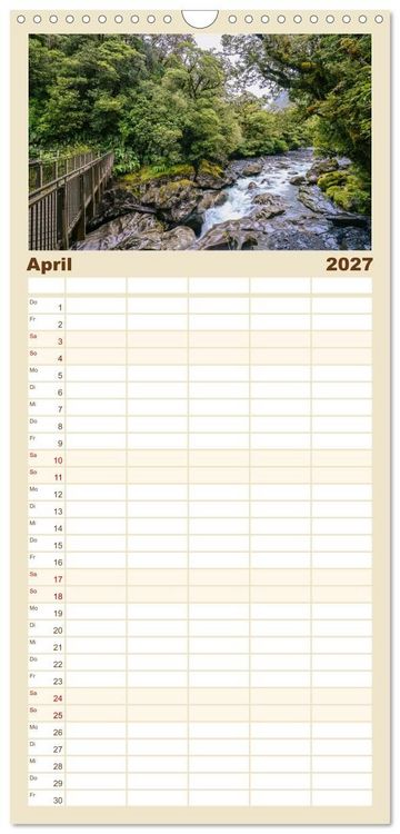 Produktbild: Familienplaner 2027 - Neuseeland - Landschaftstr&auml;ume mit 5 Spalten (Wandkalender, 21 x 45 cm) CALVENDO