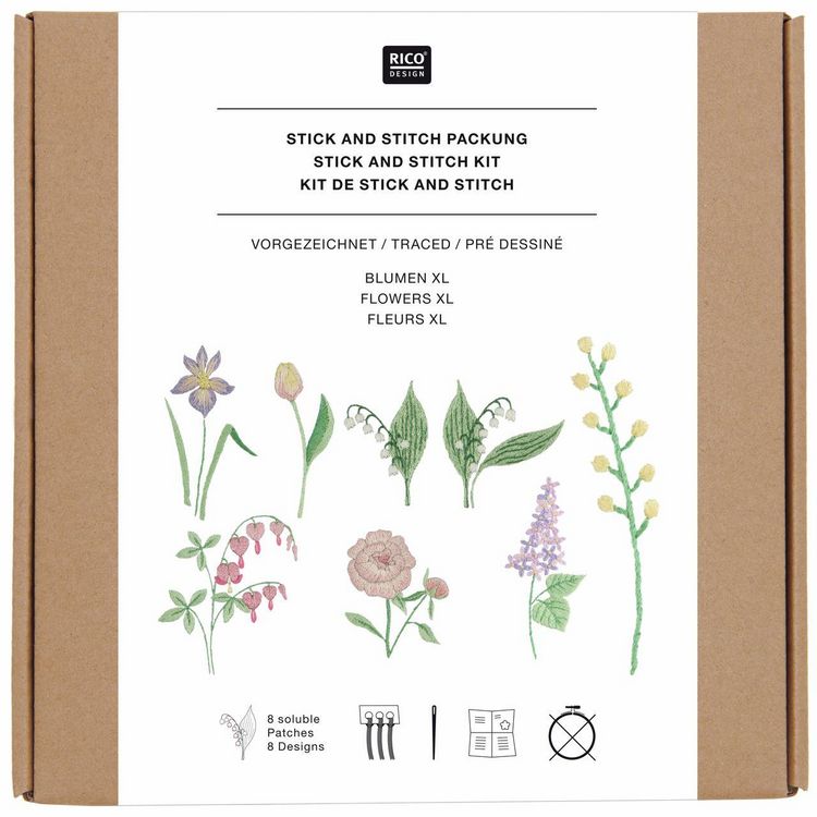 Produktbild: Stick & Stitch Packung, Blumen XL // 8 Stk., 8 Designs // Wasserl&ouml;sliche Stickvorlage, Stickgarn, Sticknadel und Anleitung