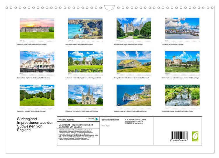 Produktbild: S&uuml;dengland - Impressionen aus dem S&uuml;dwesten von England (Wandkalender 2026 DIN A3 quer), CALVENDO Monatskalender