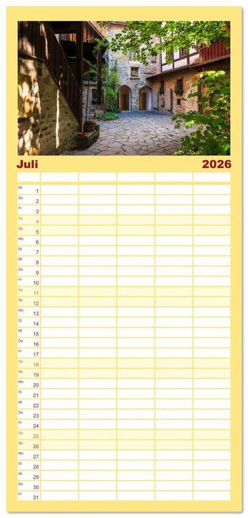 Produktbild: Familienplaner 2026 - Romantisches Erfurt - Reise durch das sch&ouml;ne Th&uuml;ringen mit 5 Spalten (Wandkalender, 21 x 45 cm) CALVENDO