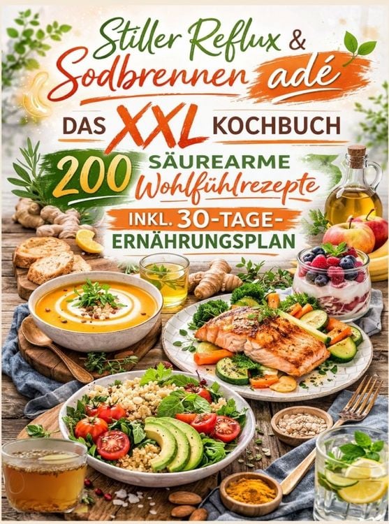 Produktbild: Stiller Reflux & Sodbrennen ad&eacute;: Das XXL Kochbuch - 200 s&auml;urearme Wohlf&uuml;hlrezepte inkl. 30-Tage-Ern&auml;hrungsplan