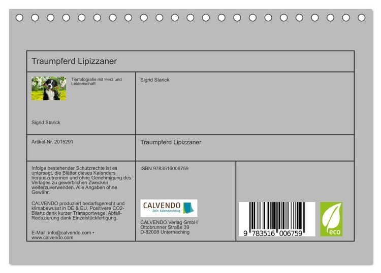 Produktbild: Traumpferd Lipizzaner (Tischkalender 2026 DIN A5 quer), CALVENDO Monatskalender
