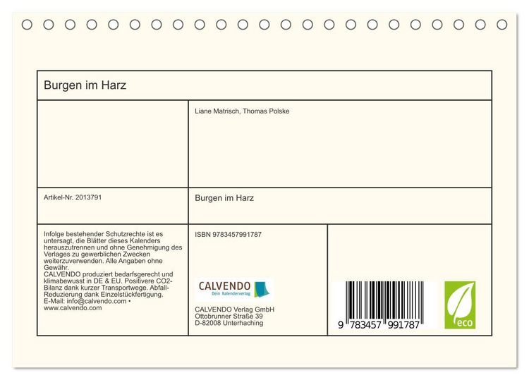 Produktbild: Burgen im Harz (Tischkalender 2026 DIN A5 quer), CALVENDO Monatskalender