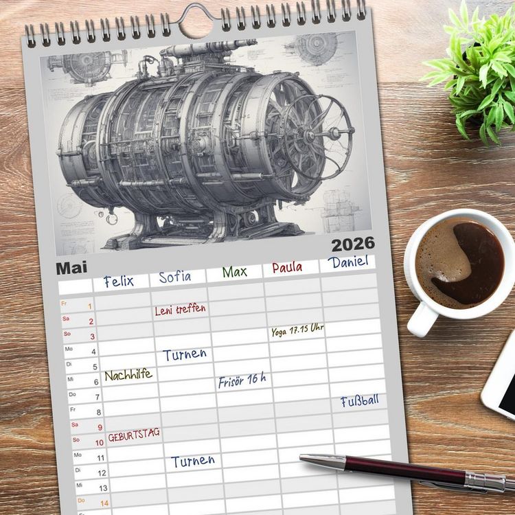 Produktbild: Familienplaner 2026 - Steampunk - Blaupausen mit 5 Spalten (Wandkalender, 21 x 45 cm) CALVENDO
