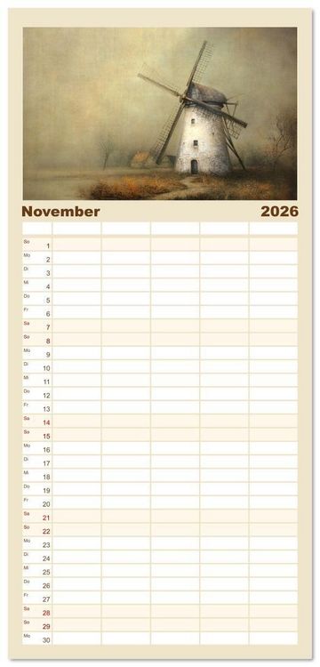 Produktbild: Familienplaner 2026 - Windgefl&uuml;ster-M&uuml;hlenimpressionen mit 5 Spalten (Wandkalender, 21 x 45 cm) CALVENDO