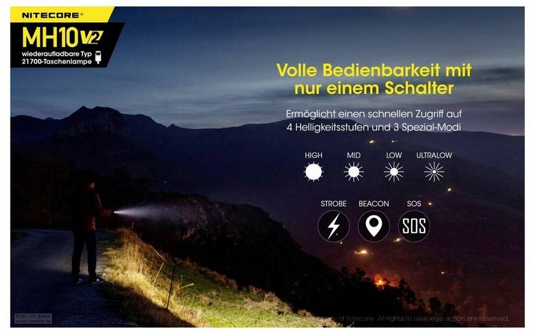 Produktbild: NiteCore MH10 V2 LED Taschenlampe akkubetrieben 1200lm 1500h 77.5g