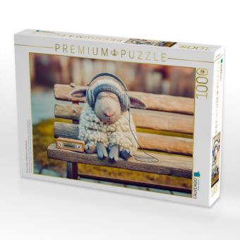 Produktbild: CALVENDO Puzzle Schaf schl&auml;ft mit Kopfh&ouml;rern auf Parkbank | 1000 Teile Lege-Gr&ouml;&szlig;e 64x48cm Foto-Puzzle f&uuml;r gl&uuml;ckliche Stunden