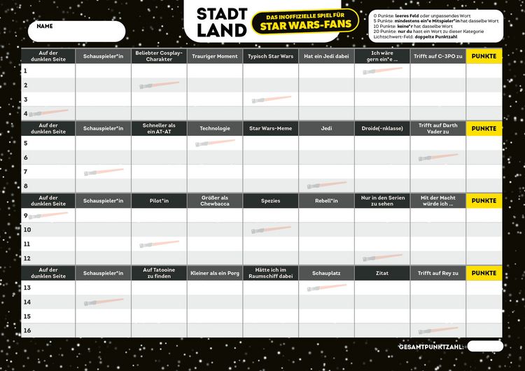 Produktbild: Stadt, Land, das inoffizielle Spiel f&uuml;r Star Wars-Fans &ndash; Der Spieleklassiker f&uuml;r alle Fans von Luke, Leia und Rey
