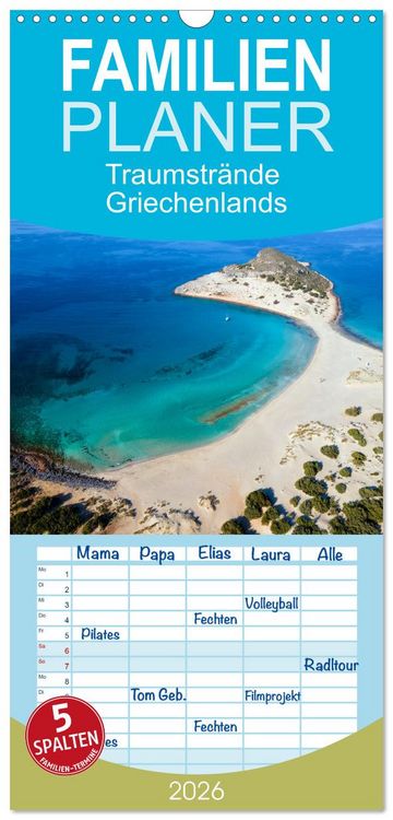 Produktbild: Familienplaner 2026 - Traumstr&auml;nde Griechenlands mit 5 Spalten (Wandkalender, 21 x 45 cm) CALVENDO