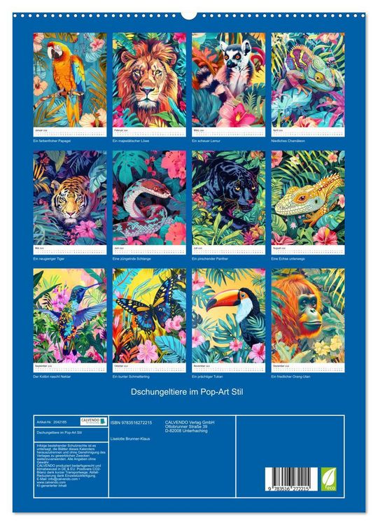 Produktbild: Dschungeltiere im Pop-Art Stil (hochwertiger Premium Wandkalender 2026 DIN A2 hoch), Kunstdruck in Hochglanz