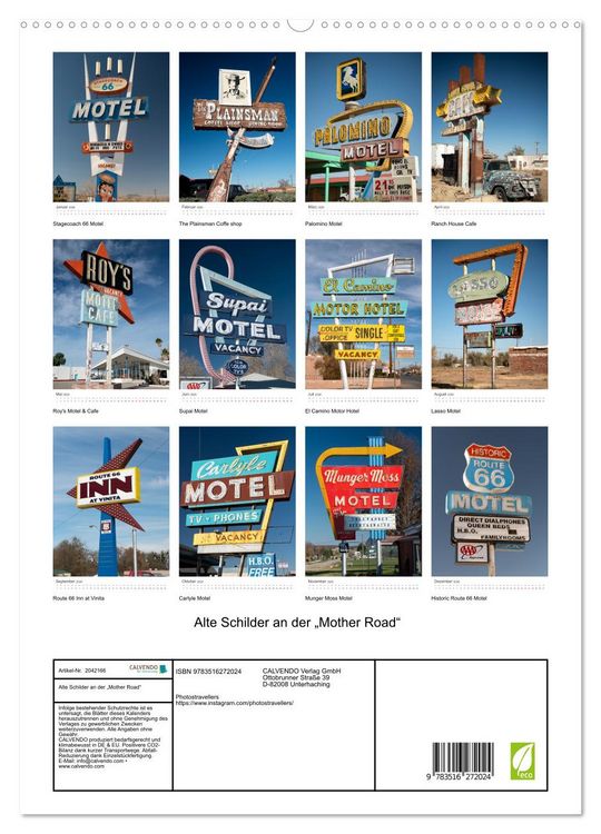 Produktbild: Alte Schilder an der &bdquo;Mother Road&ldquo; (hochwertiger Premium Wandkalender 2026 DIN A2 hoch), Kunstdruck in Hochglanz