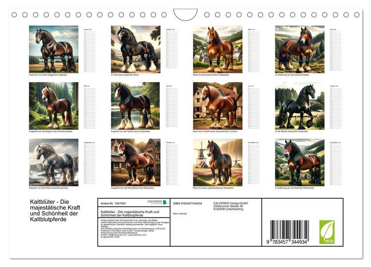 Produktbild: Kaltbl&uuml;ter - Die majest&auml;tische Kraft und Sch&ouml;nheit der Kaltblutpferde (Wandkalender 2026 DIN A4 quer), CALVENDO Monatskalender