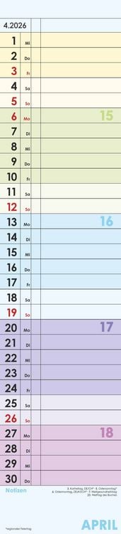 Produktbild: Planer Farbenfroh 2026 - Streifen-Kalender 11,3x49x5 cm - Küchenkalender - Wandplaner - Alpha Edition