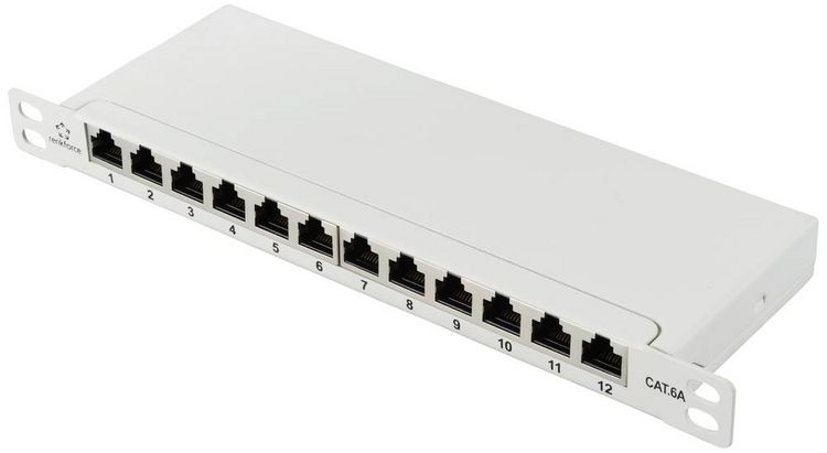 Produktbild: Renkforce RF-4996628 12 Port Patch-Panel 254mm (10") CAT 6a 0.5 HE Grau Best&uuml;ckt
