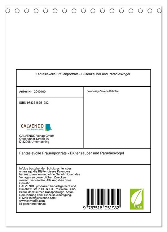 Produktbild: Fantasievolle Frauenportr&auml;ts - Bl&uuml;tenzauber und Paradiesv&ouml;gel (Tischkalender 2026 DIN A5 hoch), CALVENDO Monatskalender