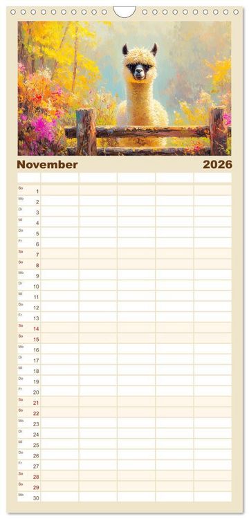 Produktbild: Familienplaner 2026 - Alpakas. Entz&uuml;ckende Paintings in duftigen Farben mit 5 Spalten (Wandkalender, 21 x 45 cm) CALVENDO