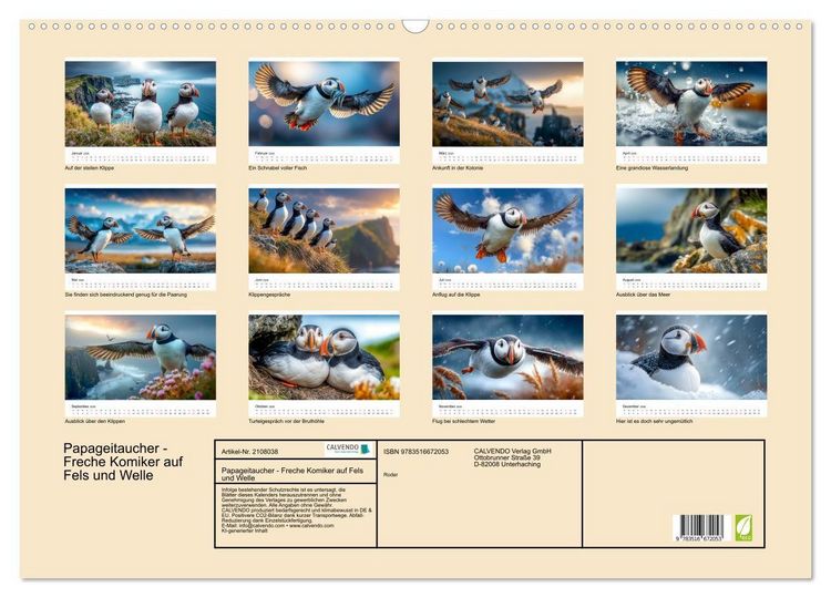 Produktbild: Papageitaucher - Freche Komiker auf Fels und Welle (Wandkalender 2026 DIN A2 quer), CALVENDO Monatskalender