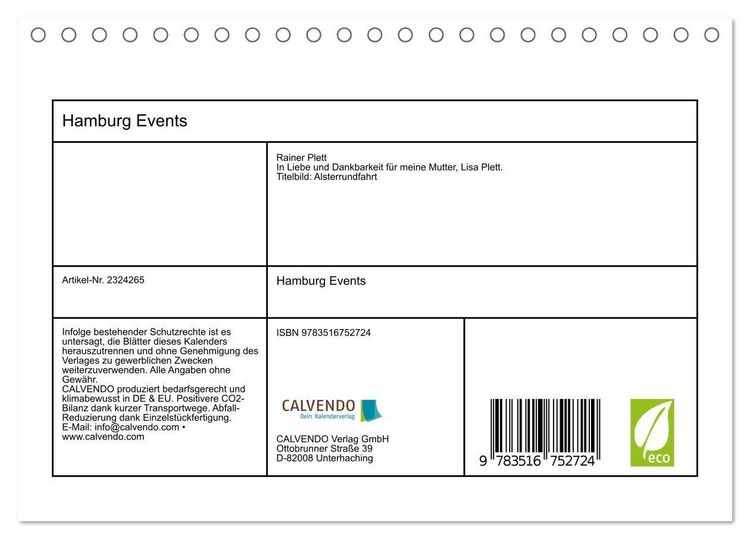 Produktbild: Hamburg Events (Tischkalender 2027 DIN A5 quer), CALVENDO Monatskalender