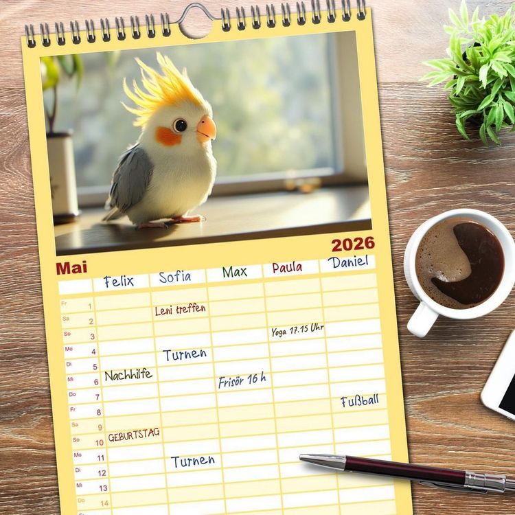 Produktbild: Familienplaner 2026 - Klein, laut, lustig - Nymphensittiche mit 5 Spalten (Wandkalender, 21 x 45 cm) CALVENDO